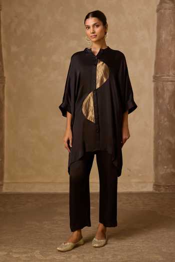 Buy_Vasstram_Black Satin, Tissue, Modal Mandarin Collar Zoha Anti Fit Shirt And Set _Online_at_Aza_Fashions
