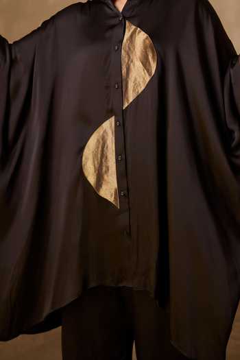 Shop_Vasstram_Black Satin, Tissue, Modal Mandarin Collar Zoha Anti Fit Shirt And Set _Online_at_Aza_Fashions