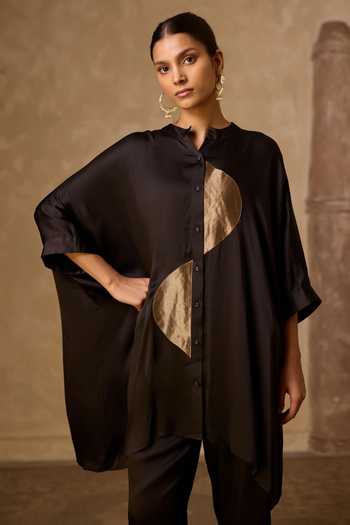 Vasstram_Black Satin, Tissue, Modal Mandarin Collar Zoha Anti Fit Shirt And Set _at_Aza_Fashions