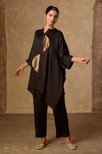 Buy_Vasstram_Black Satin, Tissue, Modal Mandarin Collar Zoha Anti Fit Shirt And Set 