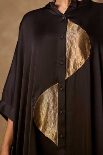 Shop_Vasstram_Black Satin, Tissue, Modal Mandarin Collar Zoha Anti Fit Shirt And Set 