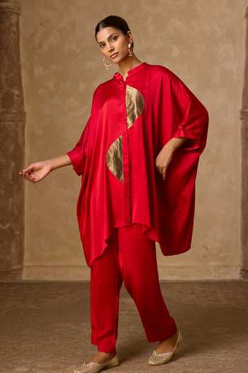 Vasstram_Red Satin, Tissue, Modal Mandarin Collar Zoha Anti Fit Shirt And Set _Online_at_Aza_Fashions
