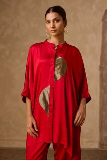 Buy_Vasstram_Red Satin, Tissue, Modal Mandarin Collar Zoha Anti Fit Shirt And Set _Online_at_Aza_Fashions