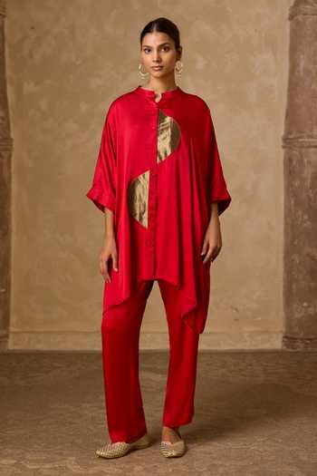 Shop_Vasstram_Red Satin, Tissue, Modal Mandarin Collar Zoha Anti Fit Shirt And Set _Online_at_Aza_Fashions