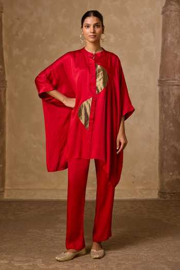 Vasstram_Red Satin, Tissue, Modal Mandarin Collar Zoha Anti Fit Shirt And Set _at_Aza_Fashions
