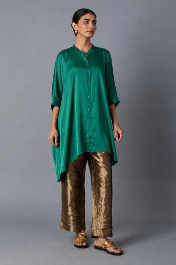 Vasstram Green Satin, Tissue, Modal Mandarin Collar Zoha Anti Fit Shirt With Online at Aza Fashions Vasstram_Green Satin, Tissue, Modal Mandarin Collar Zoha Anti Fit Shirt With _Online_at_Aza_Fashions