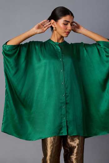 Buy Vasstram Green Satin, Tissue, Modal Mandarin Collar Zoha Anti Fit Shirt With Online at Aza Fashions Buy_Vasstram_Green Satin, Tissue, Modal Mandarin Collar Zoha Anti Fit Shirt With _Online_at_Aza_Fashions