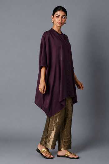 Vasstram Wine Satin, Tissue, Modal Mandarin Collar Zoha Anti Fit Shirt And Set Online at Aza Fashions Vasstram_Wine Satin, Tissue, Modal Mandarin Collar Zoha Anti Fit Shirt And Set _Online_at_Aza_Fashions