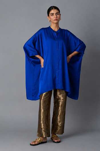 Vasstram_Blue Satin, Tissue, Modal Mandarin Zoha Anti Fit Shirt And Chamkila Set _Online_at_Aza_Fashions