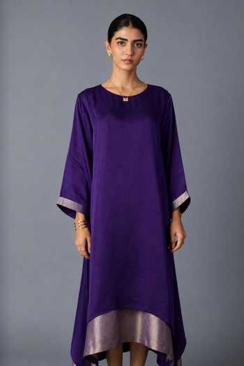 Vasstram Purple Satin, Modal Round Neck Chameli Layered Dress Online at Aza Fashions Vasstram_Purple Satin, Modal Round Neck Chameli Layered Dress _Online_at_Aza_Fashions
