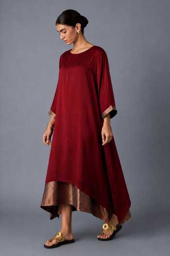 Vasstram Maroon Satin, Modal Round Neck Chameli Layered Dress Online at Aza Fashions Vasstram_Maroon Satin, Modal Round Neck Chameli Layered Dress _Online_at_Aza_Fashions