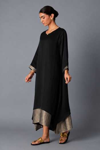 Vasstram Black Satin, Modal Halter Neck Chameli Striped Zari Panelled Dress Online at Aza Fashions Vasstram_Black Satin, Modal Halter Neck Chameli Striped Zari Panelled Dress _Online_at_Aza_Fashions