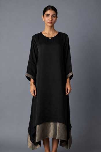 Buy Vasstram Black Satin, Modal Halter Neck Chameli Striped Zari Panelled Dress Online at Aza Fashions Buy_Vasstram_Black Satin, Modal Halter Neck Chameli Striped Zari Panelled Dress _Online_at_Aza_Fashions
