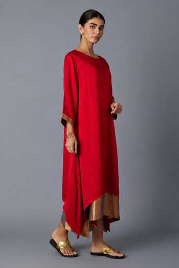 Vasstram Red Satin, Modal Round Neck Chameli Layered Dress Online at Aza Fashions Vasstram_Red Satin, Modal Round Neck Chameli Layered Dress _Online_at_Aza_Fashions
