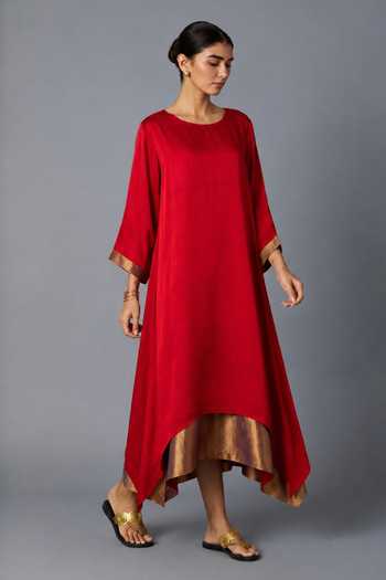 Buy Vasstram Red Satin, Modal Round Neck Chameli Layered Dress Online at Aza Fashions Buy_Vasstram_Red Satin, Modal Round Neck Chameli Layered Dress _Online_at_Aza_Fashions