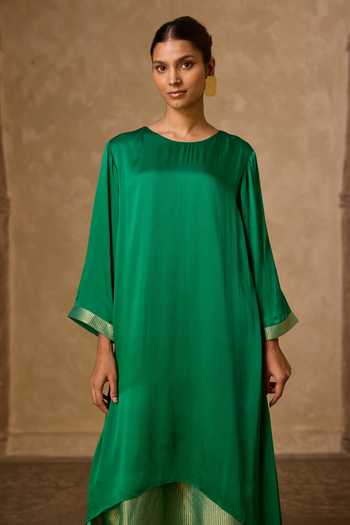 Vasstram Green Satin, Modal Round Neck Chameli Striped Zari Panelled Dress Online at Aza Fashions Vasstram_Green Satin, Modal Round Neck Chameli Striped Zari Panelled Dress _Online_at_Aza_Fashions