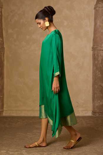 Buy Vasstram Green Satin, Modal Round Neck Chameli Striped Zari Panelled Dress Online at Aza Fashions Buy_Vasstram_Green Satin, Modal Round Neck Chameli Striped Zari Panelled Dress _Online_at_Aza_Fashions