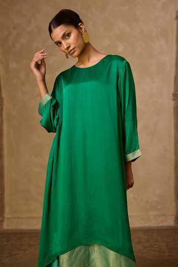 Shop Vasstram Green Satin, Modal Round Neck Chameli Striped Zari Panelled Dress Online at Aza Fashions Shop_Vasstram_Green Satin, Modal Round Neck Chameli Striped Zari Panelled Dress _Online_at_Aza_Fashions