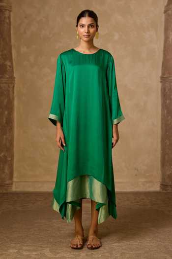 Vasstram Green Satin, Modal Round Neck Chameli Striped Zari Panelled Dress at Aza Fashions Vasstram_Green Satin, Modal Round Neck Chameli Striped Zari Panelled Dress _at_Aza_Fashions