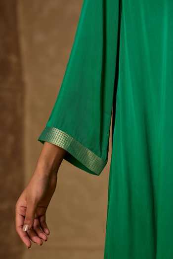 Buy Vasstram Green Satin, Modal Round Neck Chameli Striped Zari Panelled Dress Buy_Vasstram_Green Satin, Modal Round Neck Chameli Striped Zari Panelled Dress