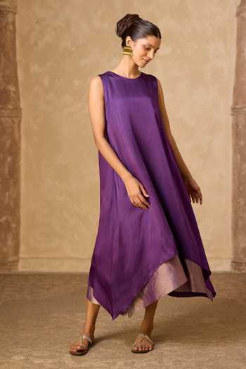Buy Vasstram Purple Satin, Modal Halter Neck Chameli Striped Zari Sleeveless Dress Online at Aza Fashions Buy_Vasstram_Purple Satin, Modal Halter Neck Chameli Striped Zari Sleeveless Dress _Online_at_Aza_Fashions