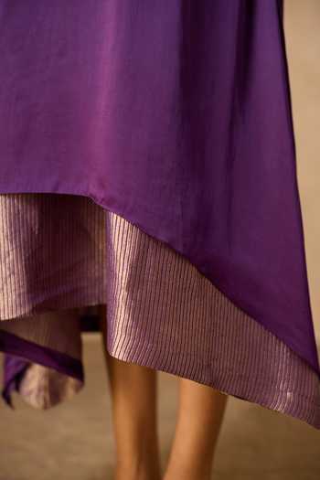 Shop Vasstram Purple Satin, Modal Halter Neck Chameli Striped Zari Sleeveless Dress Online at Aza Fashions Shop_Vasstram_Purple Satin, Modal Halter Neck Chameli Striped Zari Sleeveless Dress _Online_at_Aza_Fashions