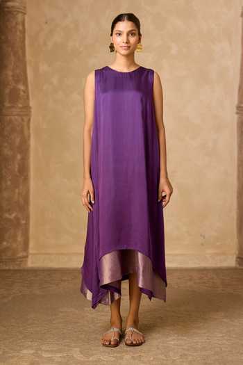 Vasstram Purple Satin, Modal Halter Neck Chameli Striped Zari Sleeveless Dress at Aza Fashions Vasstram_Purple Satin, Modal Halter Neck Chameli Striped Zari Sleeveless Dress _at_Aza_Fashions