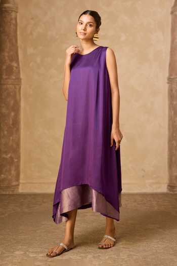 Buy Vasstram Purple Satin, Modal Halter Neck Chameli Striped Zari Sleeveless Dress Buy_Vasstram_Purple Satin, Modal Halter Neck Chameli Striped Zari Sleeveless Dress
