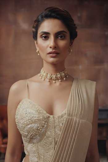 House Of Noori_Cream Crepe Sweetheart Neck Hand Embroidered Pre-draped Saree With Blouse _Online_at_Aza_Fashions