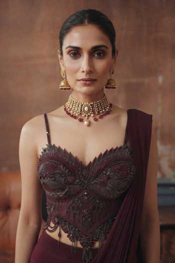 House Of Noori Wine Crepe Sweetheart Neck Hand Embroidered Pre-draped Saree And Blouse Set Online at Aza Fashions House Of Noori_Wine Crepe Sweetheart Neck Hand Embroidered Pre-draped Saree And Blouse Set _Online_at_Aza_Fashions