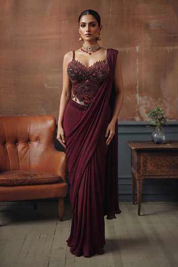 House Of Noori Hand Embroidered Pre-Draped Saree & Blouse Set 