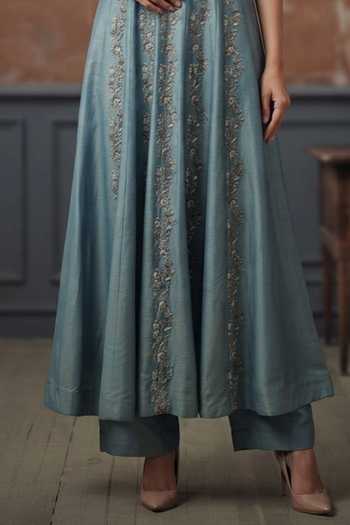 House Of Noori Blue Silk Halter Neck Hand Embroidered Anarkali And Pant Set Online at Aza Fashions House Of Noori_Blue Silk Halter Neck Hand Embroidered Anarkali And Pant Set _Online_at_Aza_Fashions