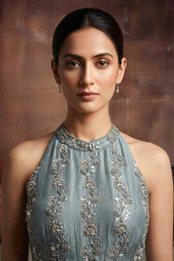 Buy House Of Noori Blue Silk Halter Neck Hand Embroidered Anarkali And Pant Set Online at Aza Fashions Buy_House Of Noori_Blue Silk Halter Neck Hand Embroidered Anarkali And Pant Set _Online_at_Aza_Fashions