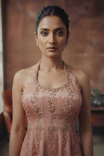 House Of Noori_Pink Silk Halter Neck Hand-embroidered Anarkali And Pant Set _Online_at_Aza_Fashions