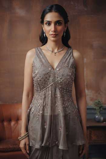 House Of Noori Grey Organza V-neck Hand Embroidered Blouse And Skirt Set Online at Aza Fashions House Of Noori_Grey Organza V-neck Hand Embroidered Blouse And Skirt Set _Online_at_Aza_Fashions
