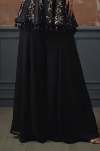 House Of Noori Black Organza Round Neck Hand Embroidered Peplum Top And Sharara Set Online at Aza Fashions House Of Noori_Black Organza Round Neck Hand Embroidered Peplum Top And Sharara Set _Online_at_Aza_Fashions