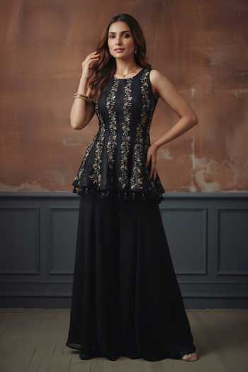 House Of Noori Hand Embroidered Peplum Top & Sharara Set 