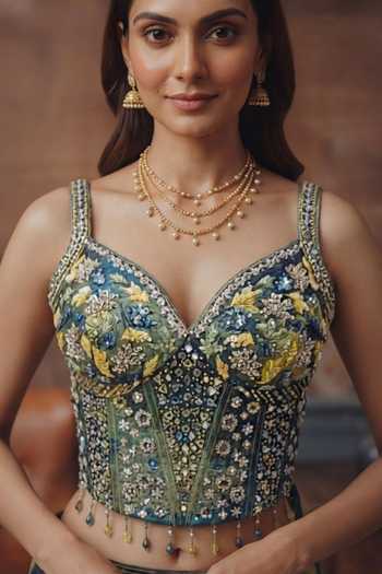 House Of Noori Blue Raw Silk Sweetheart Neck Hand Embroidered Blouse And Lehenga Set Online at Aza Fashions House Of Noori_Blue Raw Silk Sweetheart Neck Hand Embroidered Blouse And Lehenga Set _Online_at_Aza_Fashions