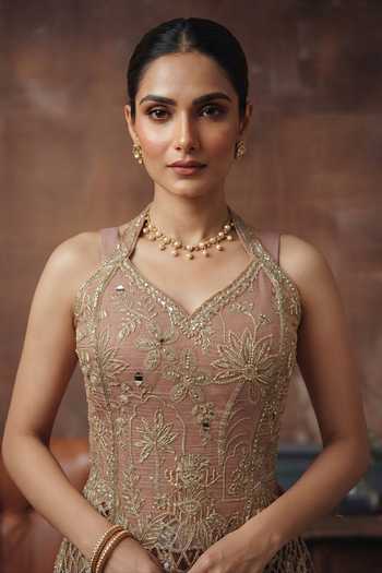 House Of Noori_Pink Georgette Halter Neck Embroidered Top And Sharara Set _Online_at_Aza_Fashions
