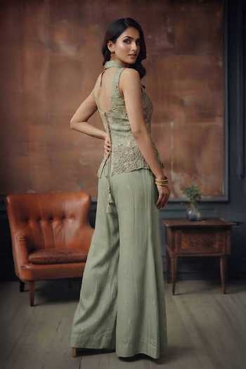 House Of Noori Hand Embroidered Georgette Halter Top & Sharara Set 