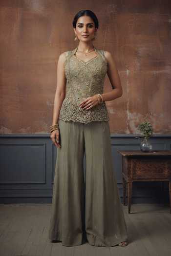 House Of Noori Hand Embroidered Georgette Halter Top & Sharara Set 