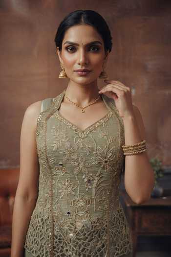 House Of Noori Grey Georgette Halter Neck Hand Embroidered Top And Sharara Set Online at Aza Fashions House Of Noori_Grey Georgette Halter Neck Hand Embroidered Top And Sharara Set _Online_at_Aza_Fashions