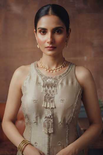 House Of Noori_Ivory Silk Round Neck Hand Embroidered Top And Sharara Set _Online_at_Aza_Fashions