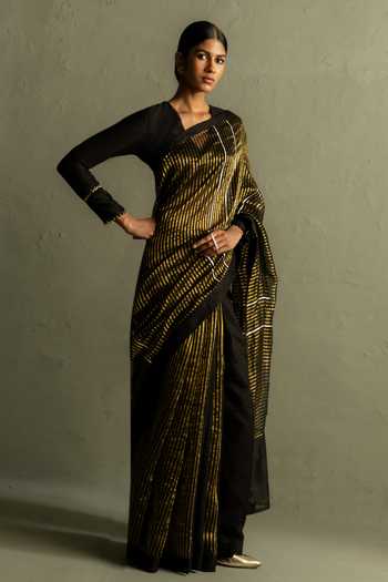 Charkhee_Black Tissue, Chanderi V-neck Stripe Woven Saree With Blouse _Online_at_Aza_Fashions