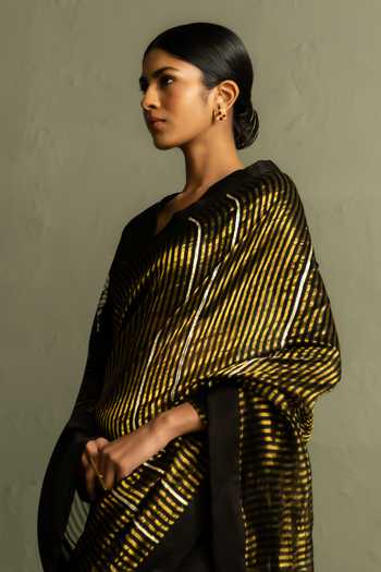 Buy_Charkhee_Black Tissue, Chanderi V-neck Stripe Woven Saree With Blouse _Online_at_Aza_Fashions