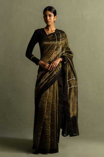Shop_Charkhee_Black Tissue, Chanderi V-neck Stripe Woven Saree With Blouse _Online_at_Aza_Fashions