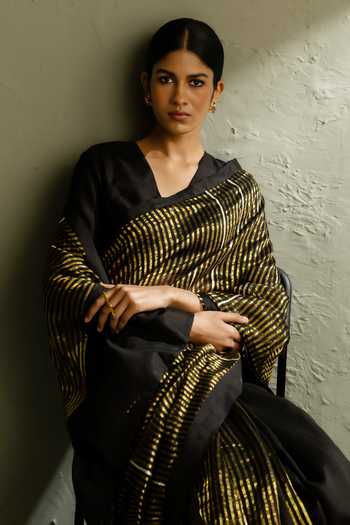 Charkhee_Black Tissue, Chanderi V-neck Stripe Woven Saree With Blouse _at_Aza_Fashions