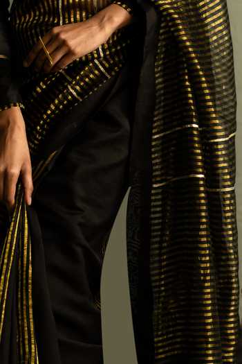 Shop_Charkhee_Black Tissue, Chanderi V-neck Stripe Woven Saree With Blouse 