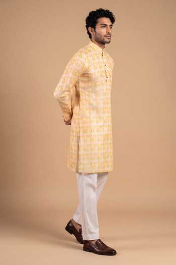 Arihant Rai Sinha Peach Linen, Cotton Jaal Print Kurta And Pant Set Online at Aza Fashions Arihant Rai Sinha_Peach Linen, Cotton Jaal Print Kurta And Pant Set _Online_at_Aza_Fashions