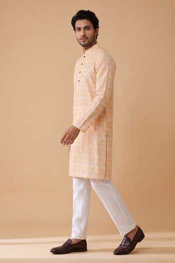 Buy Arihant Rai Sinha Peach Linen, Cotton Jaal Print Kurta And Pant Set Online at Aza Fashions Buy_Arihant Rai Sinha_Peach Linen, Cotton Jaal Print Kurta And Pant Set _Online_at_Aza_Fashions